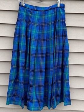 Vintage Pendleton Wool Plaid Pleated Skirt Size 10 Green Blue